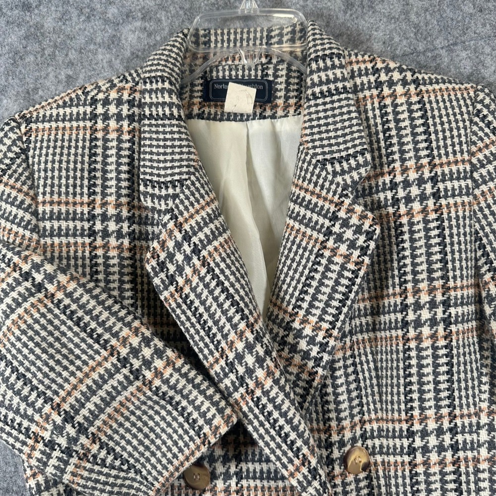 Vtg Glen Plaid Double Breasted Blazer Womens 12P Academia Tweed Old Money Trad